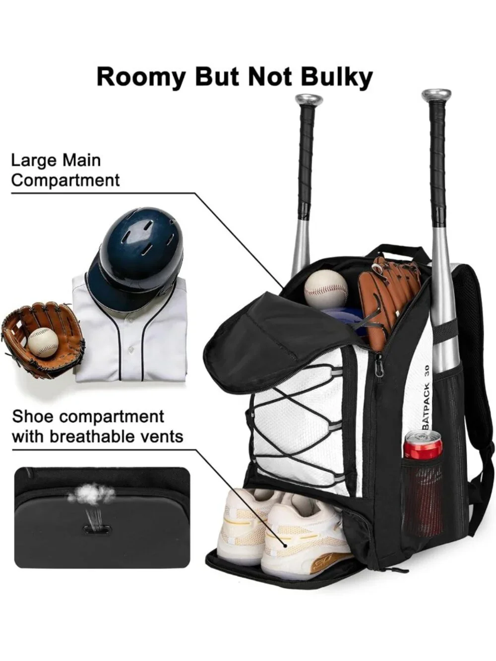 40L Baseball & Softball Bag with Shoe Compartment, Fence Hook, Backpack for Gear